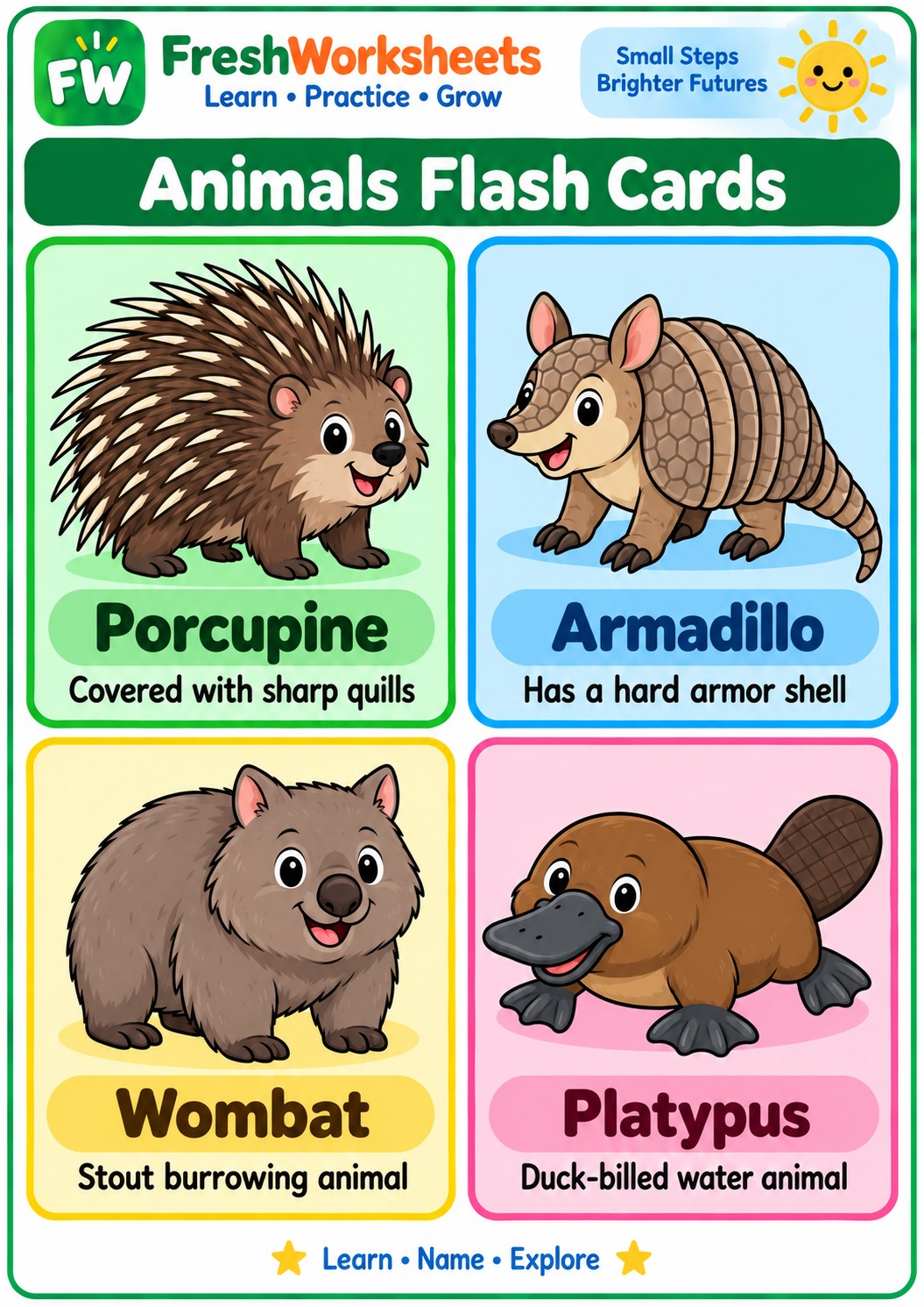 Free printable Animal Flash Cards Set 7 worksheet PDF for kids
