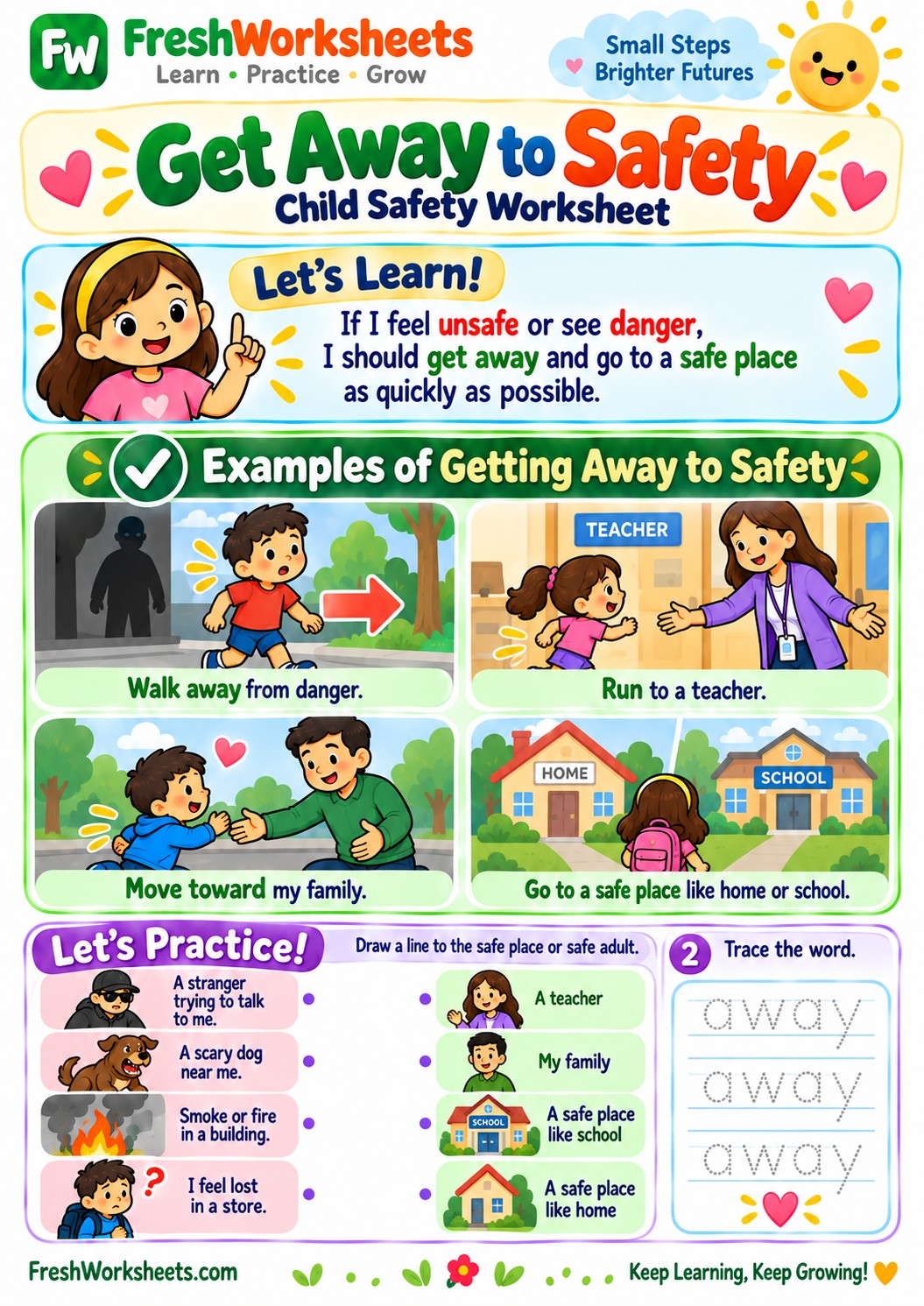 Free printable Get Away to Safety worksheet PDF for kids