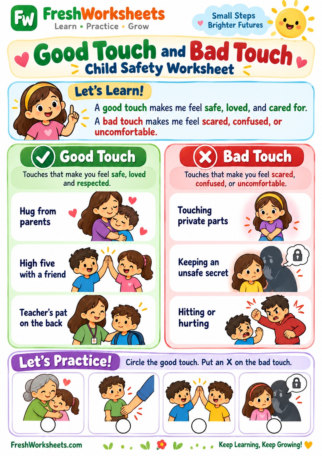 Free printable Good Touch and Bad Touch worksheet PDF for kids