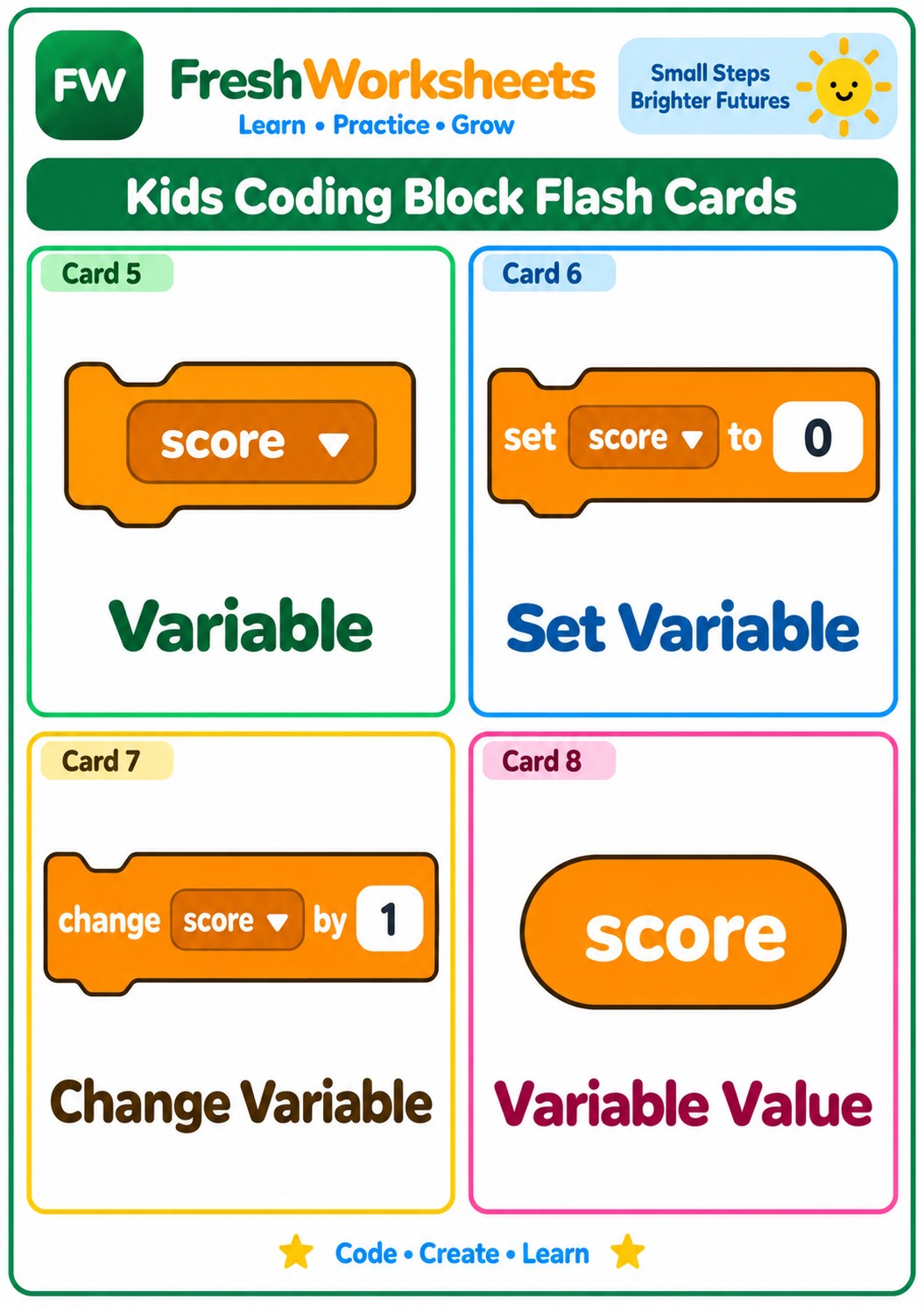 Free printable Coding Variable Blocks worksheet PDF for kids