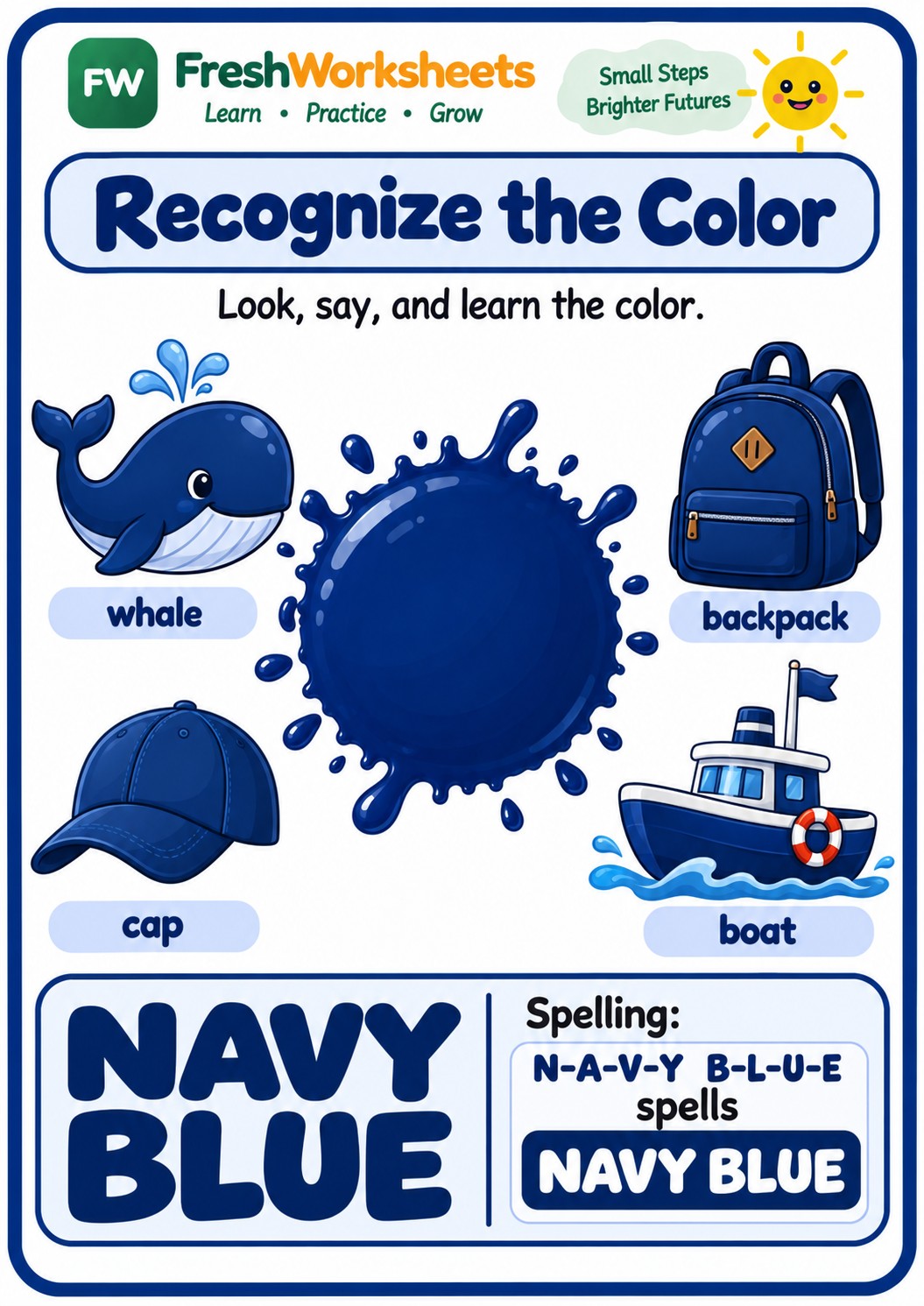 Free printable Navy Blue worksheet PDF for kids