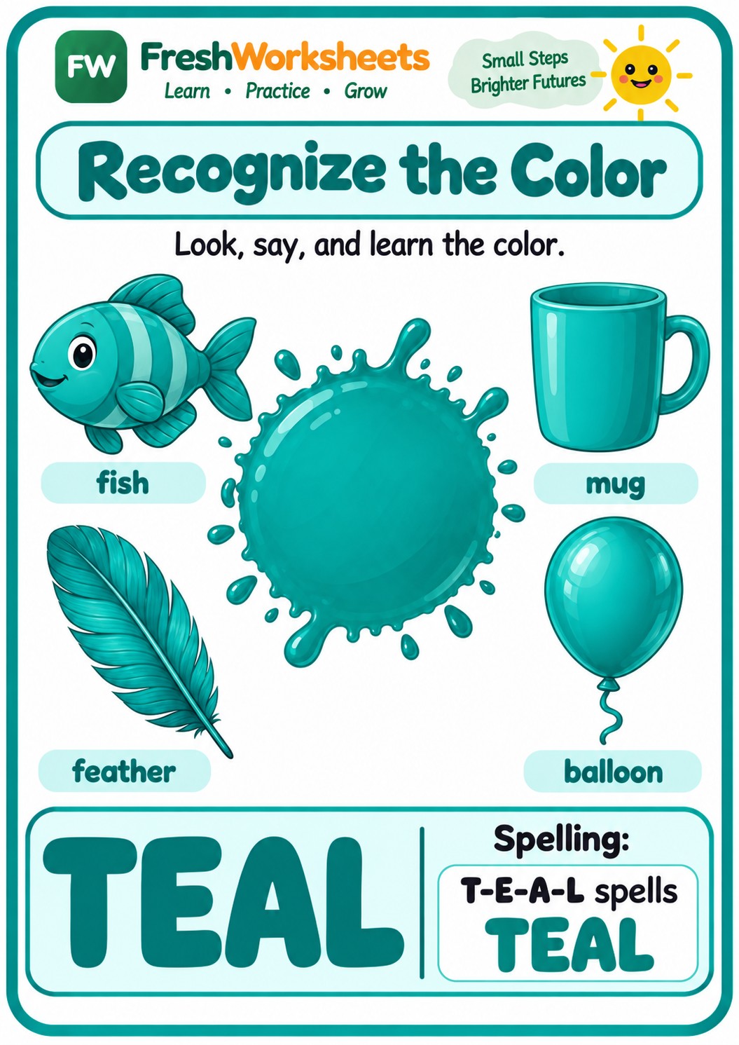 Free printable Teal worksheet PDF for kids