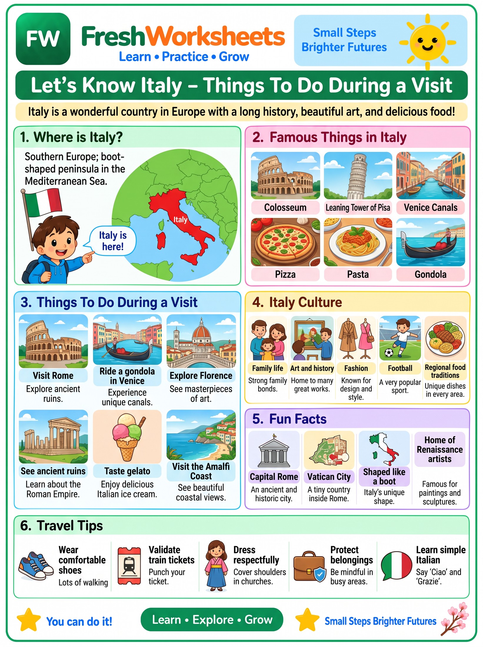 Free printable Italy worksheet PDF for kids