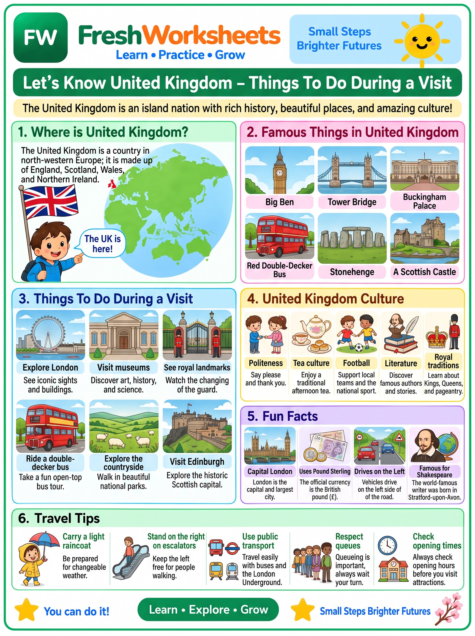 Free printable United Kingdom worksheet PDF for kids — Europe