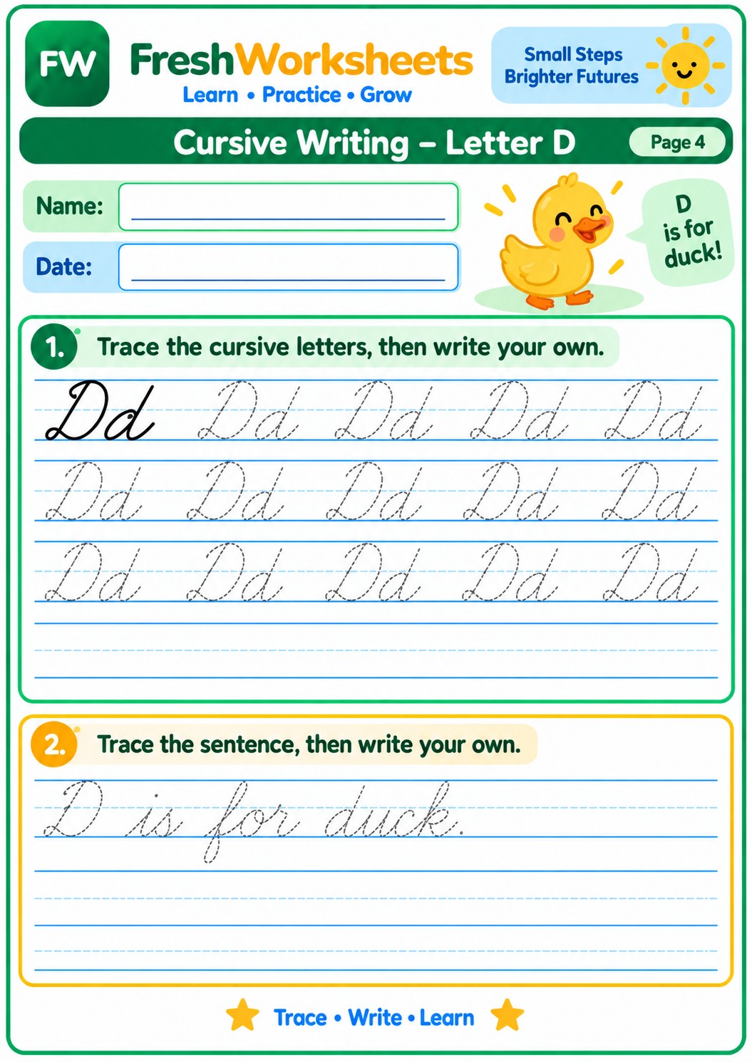 Free printable Cursive Letter D worksheet PDF for kids
