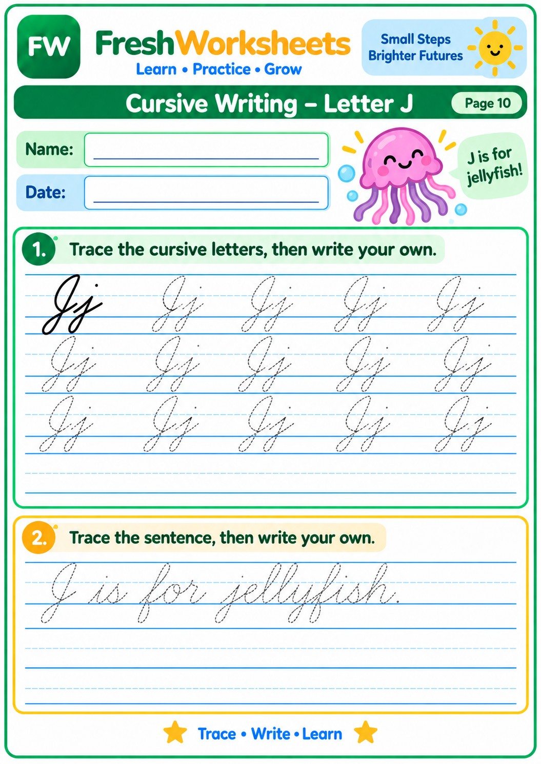 Free printable Cursive Letter J worksheet PDF for kids