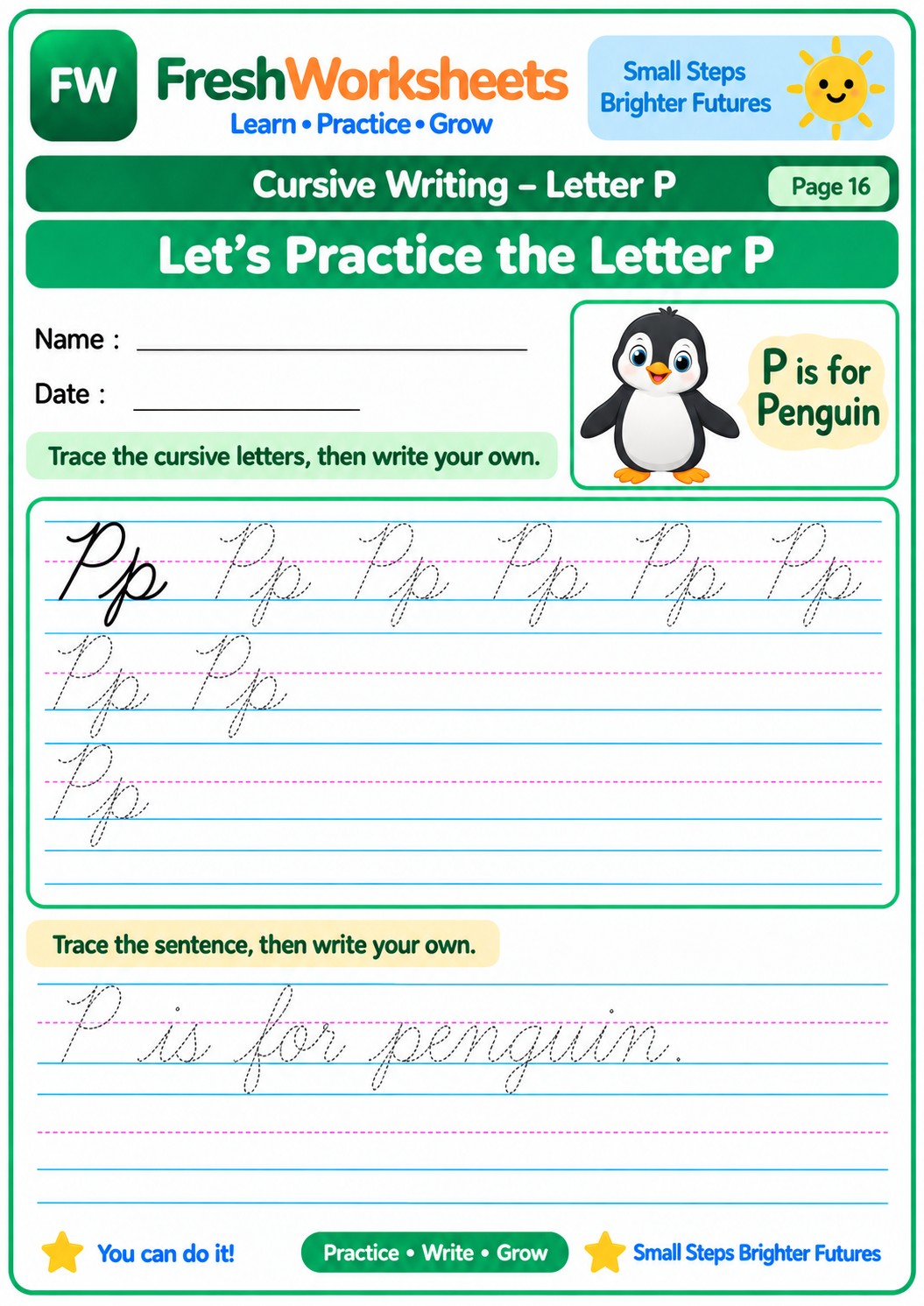 Free printable Cursive Letter P worksheet PDF for kids