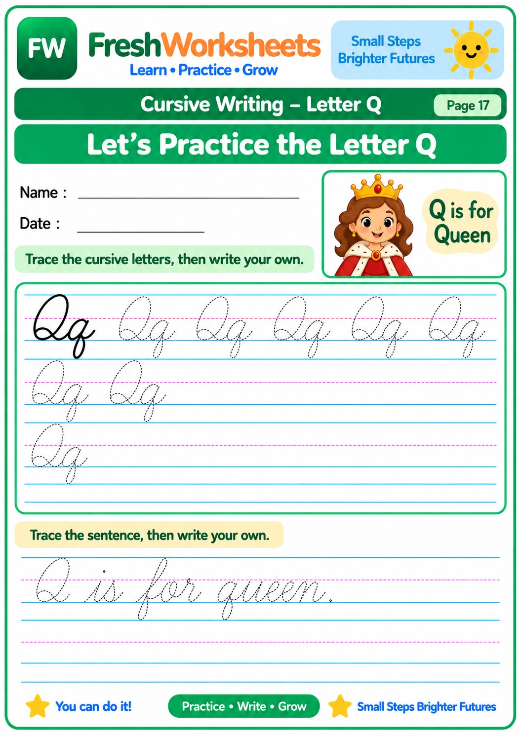 Free printable Cursive Letter Q worksheet PDF for kids