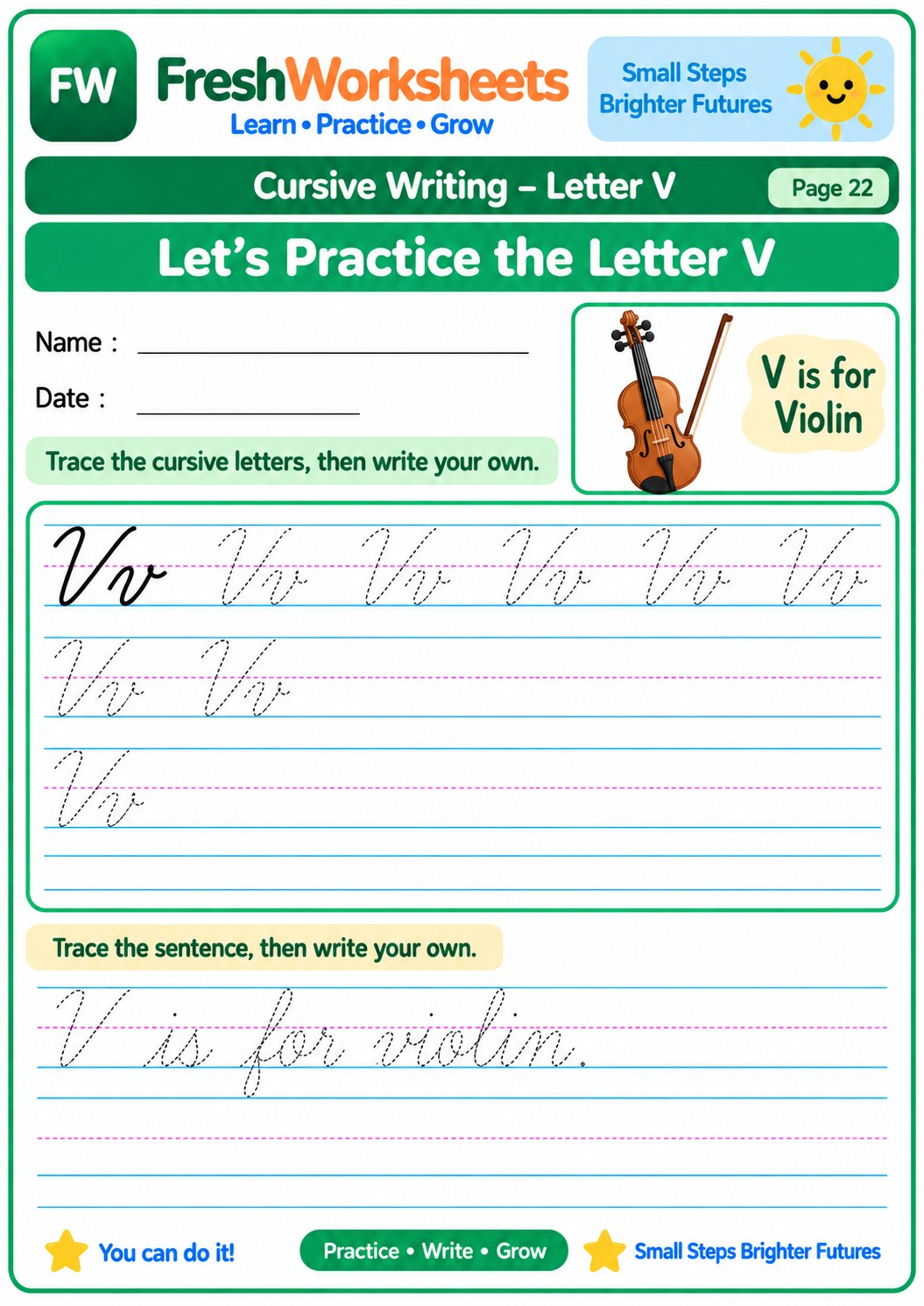 Free printable Cursive Letter V worksheet PDF for kids