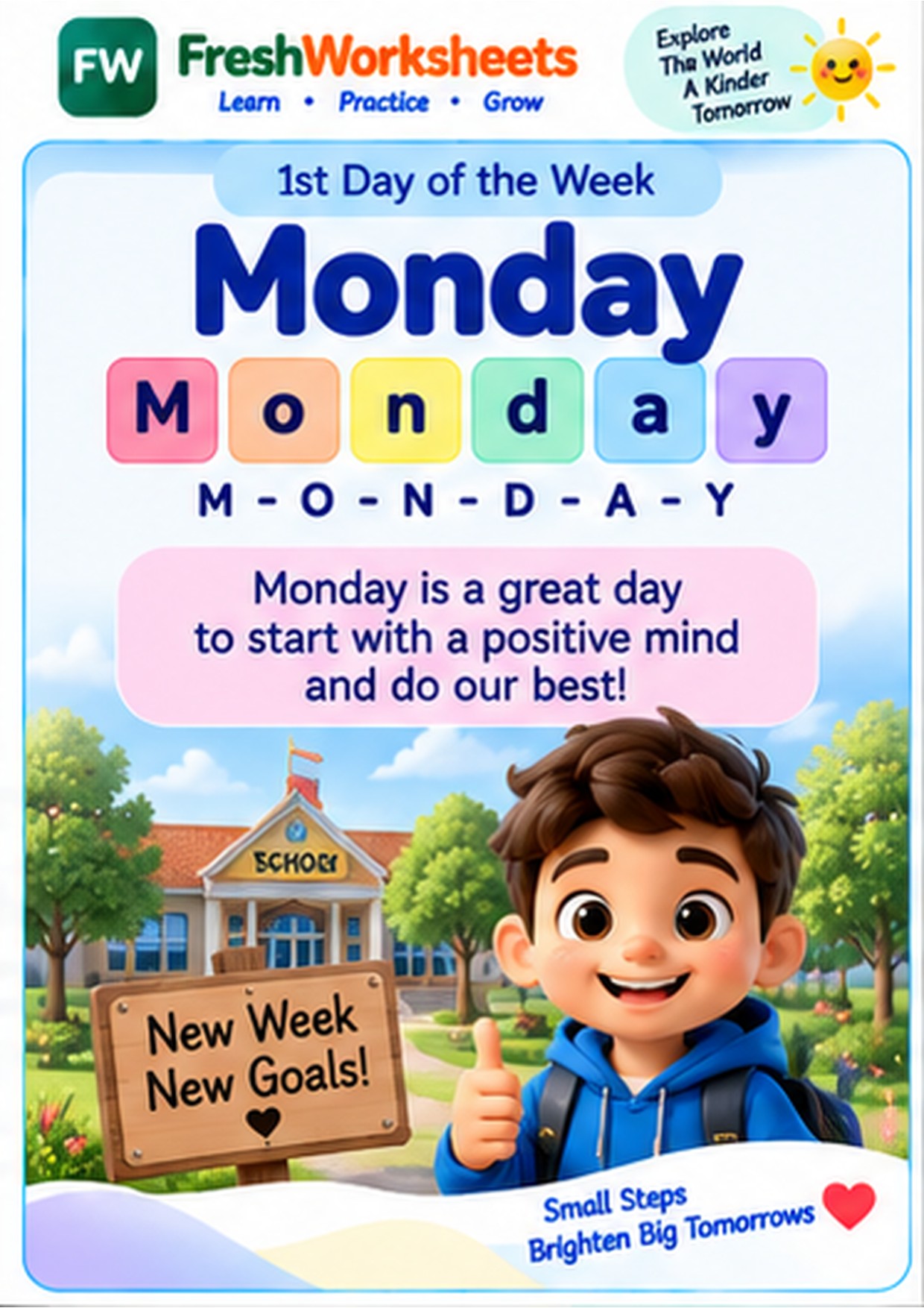 Free printable Monday worksheet PDF for kids