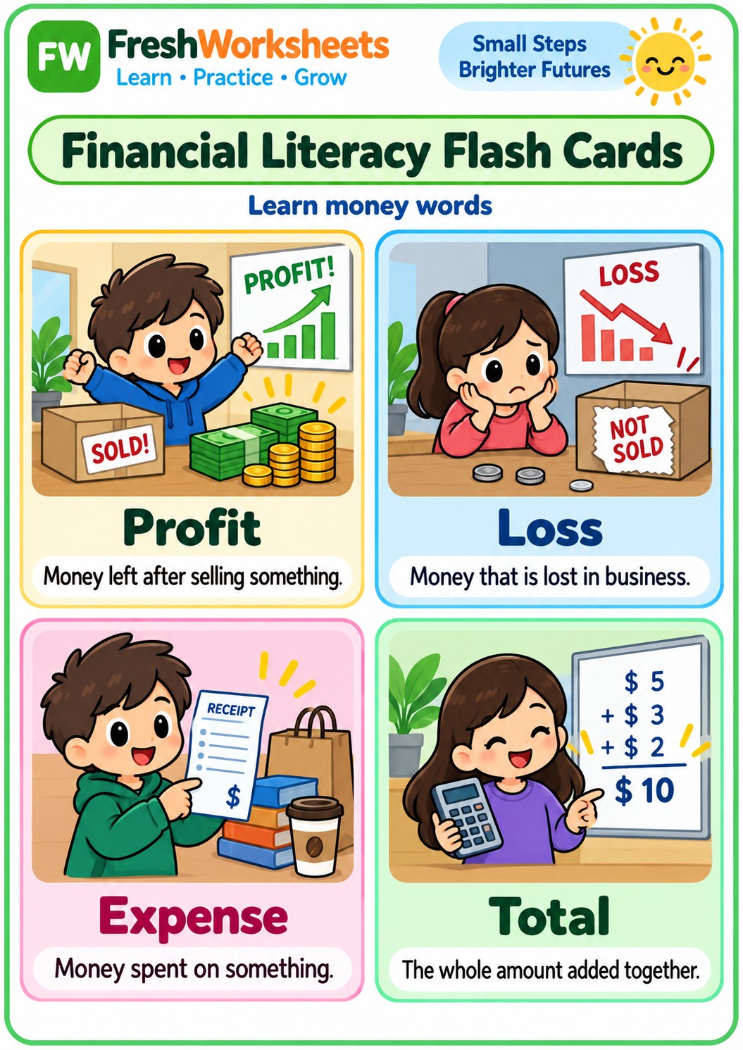 Free printable Business Words: Profit & Loss worksheet PDF for kids