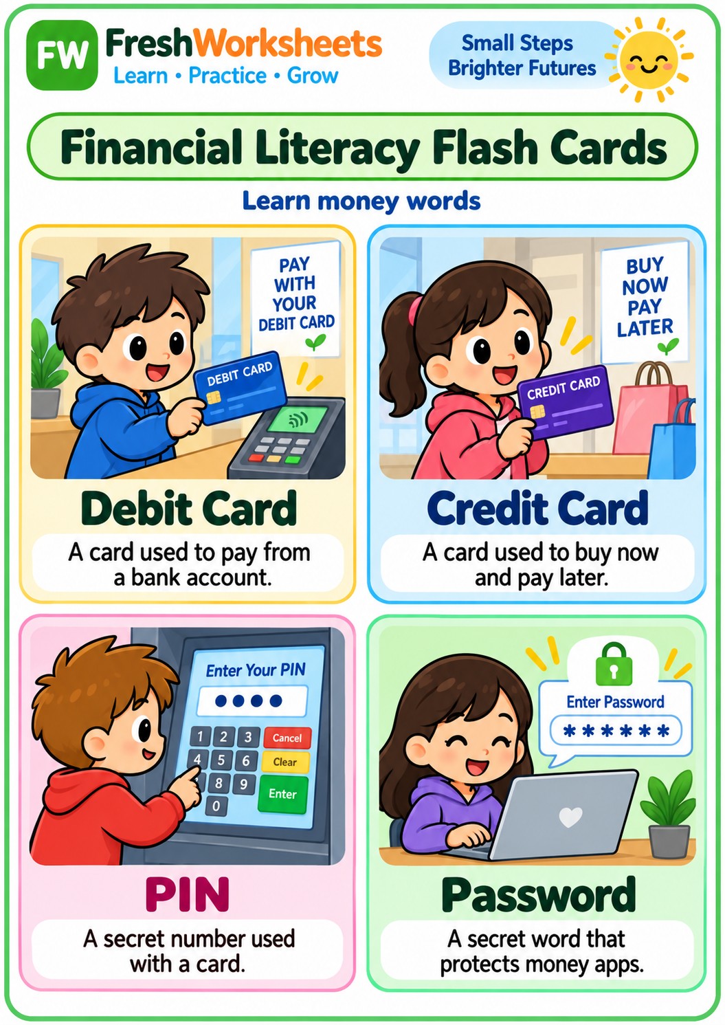 Free printable Cards, PINs & Passwords worksheet PDF for kids
