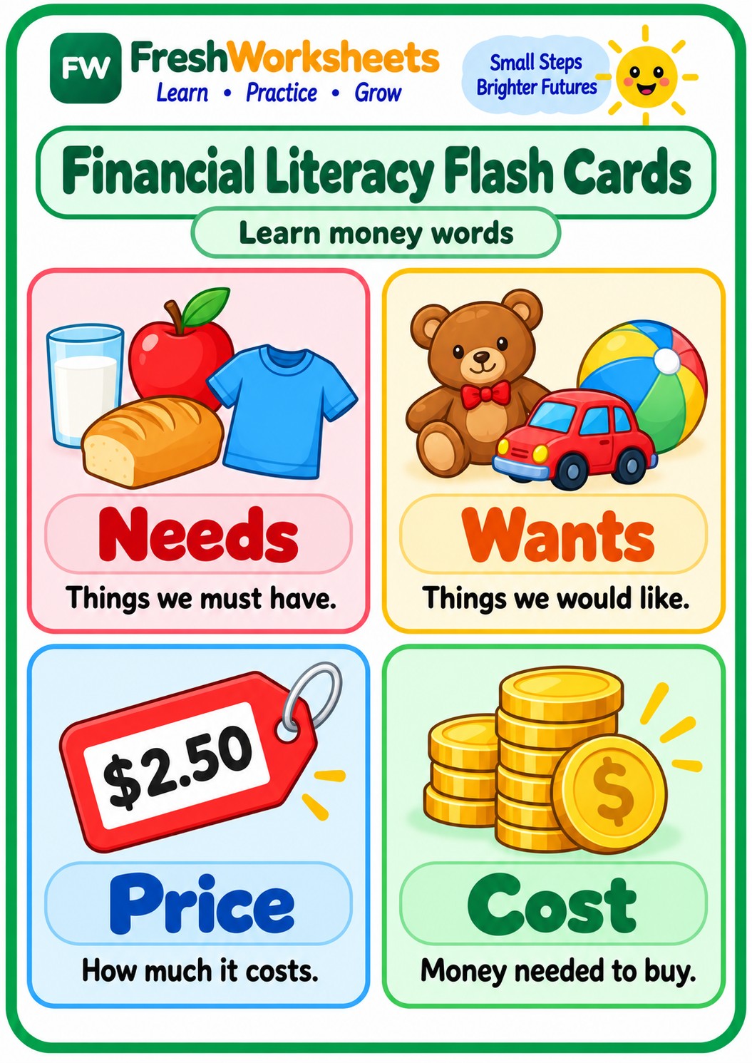 Free printable Needs, Wants, Price & Cost worksheet PDF for kids