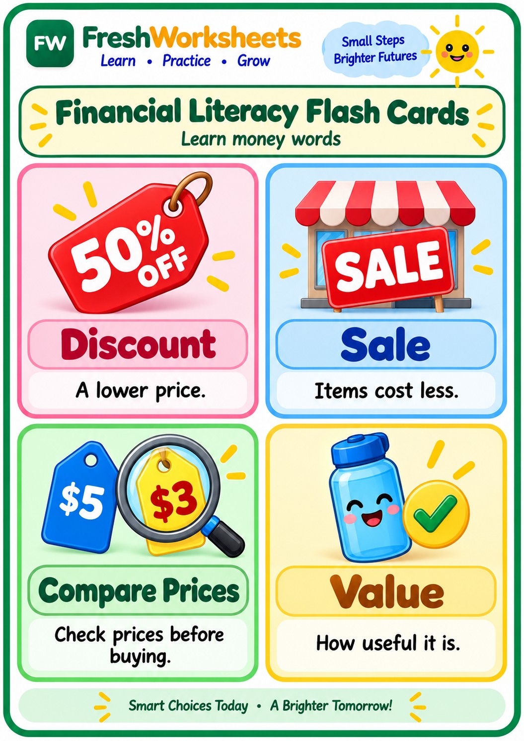 Free printable Smart Shopping: Discounts & Value worksheet PDF for kids