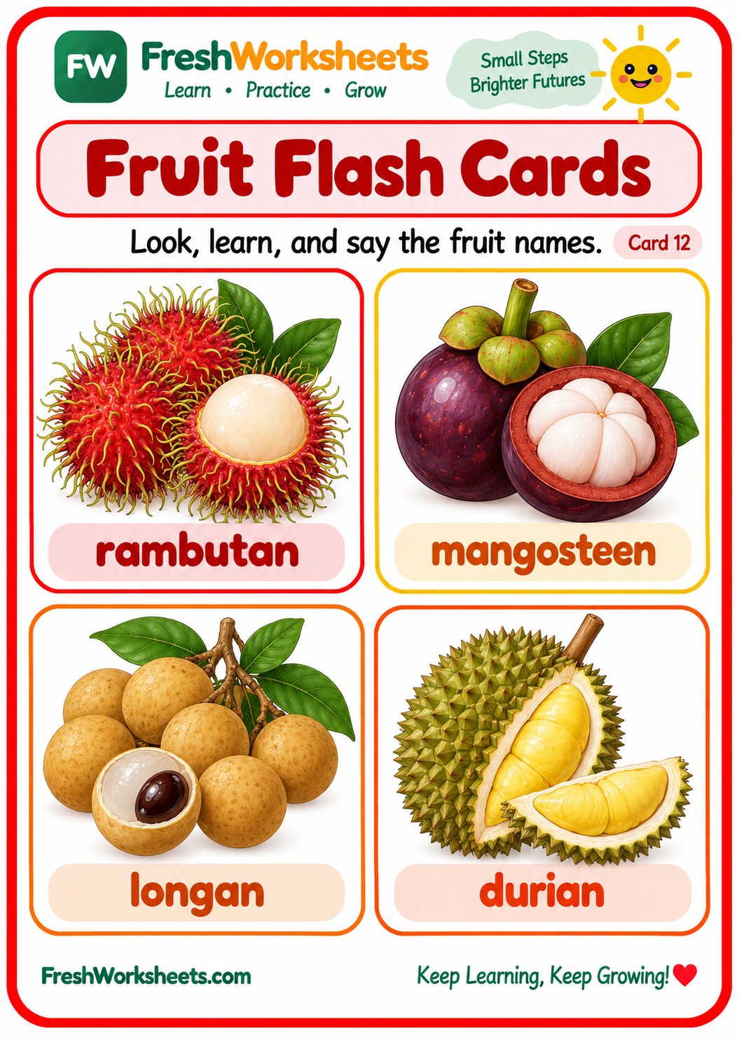 Free printable Fruit Flash Cards Set 10 worksheet PDF for kids