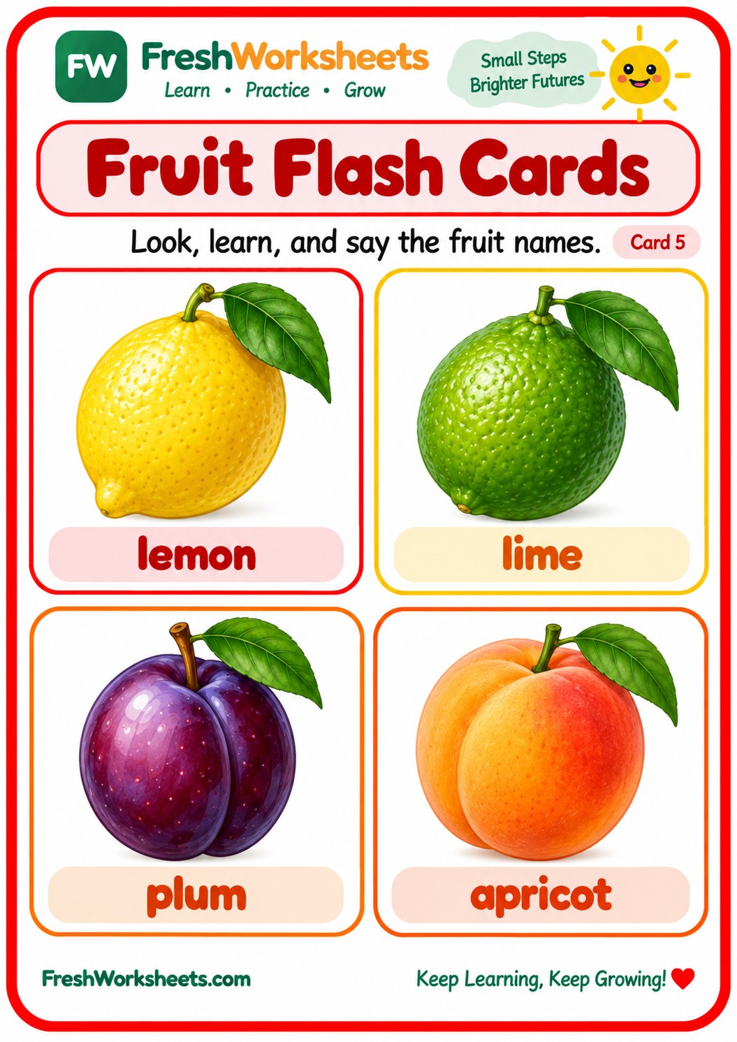 Free printable Fruit Flash Cards Set 12 worksheet PDF for kids