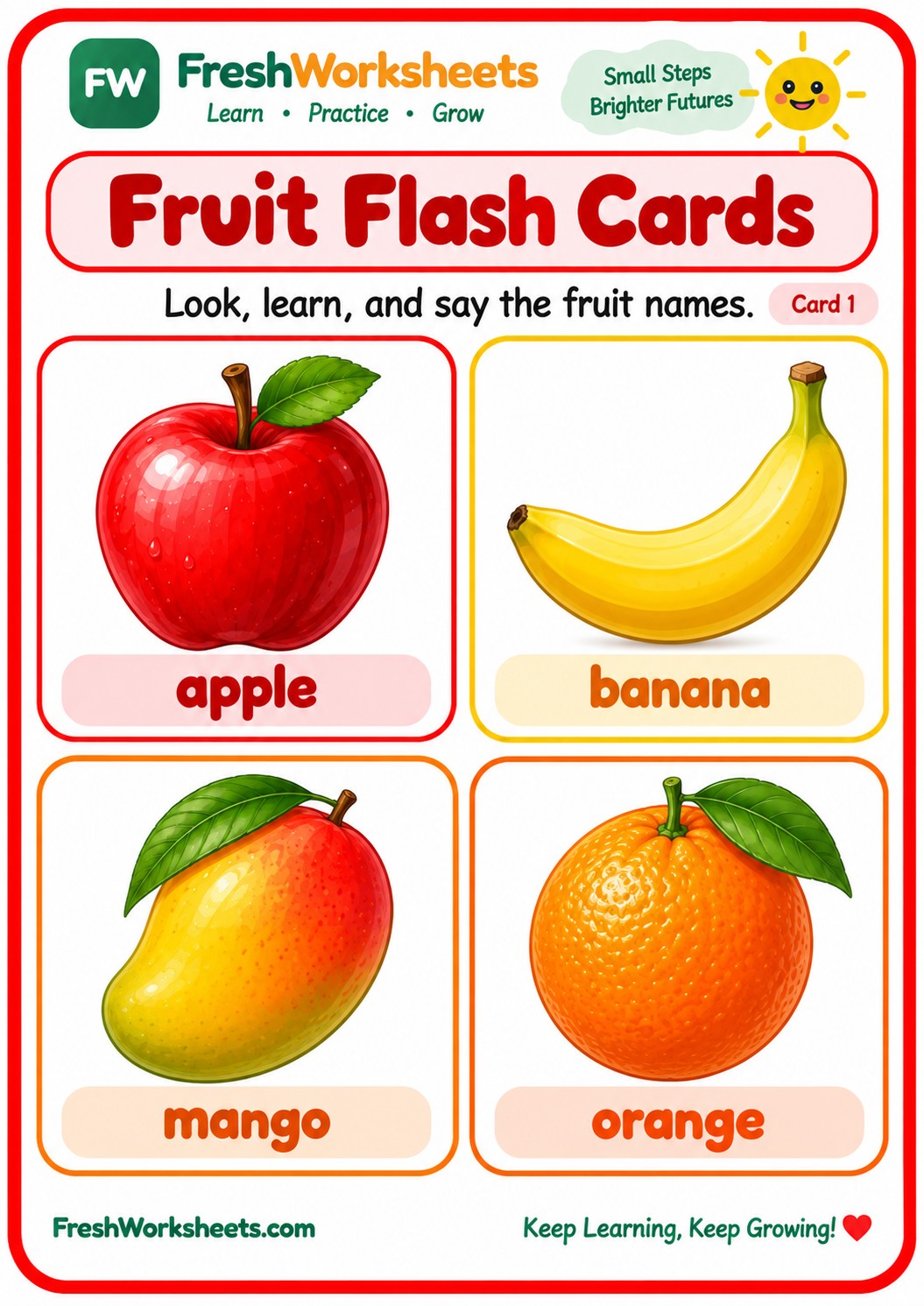 Free printable Fruit Flash Cards Set 18 worksheet PDF for kids