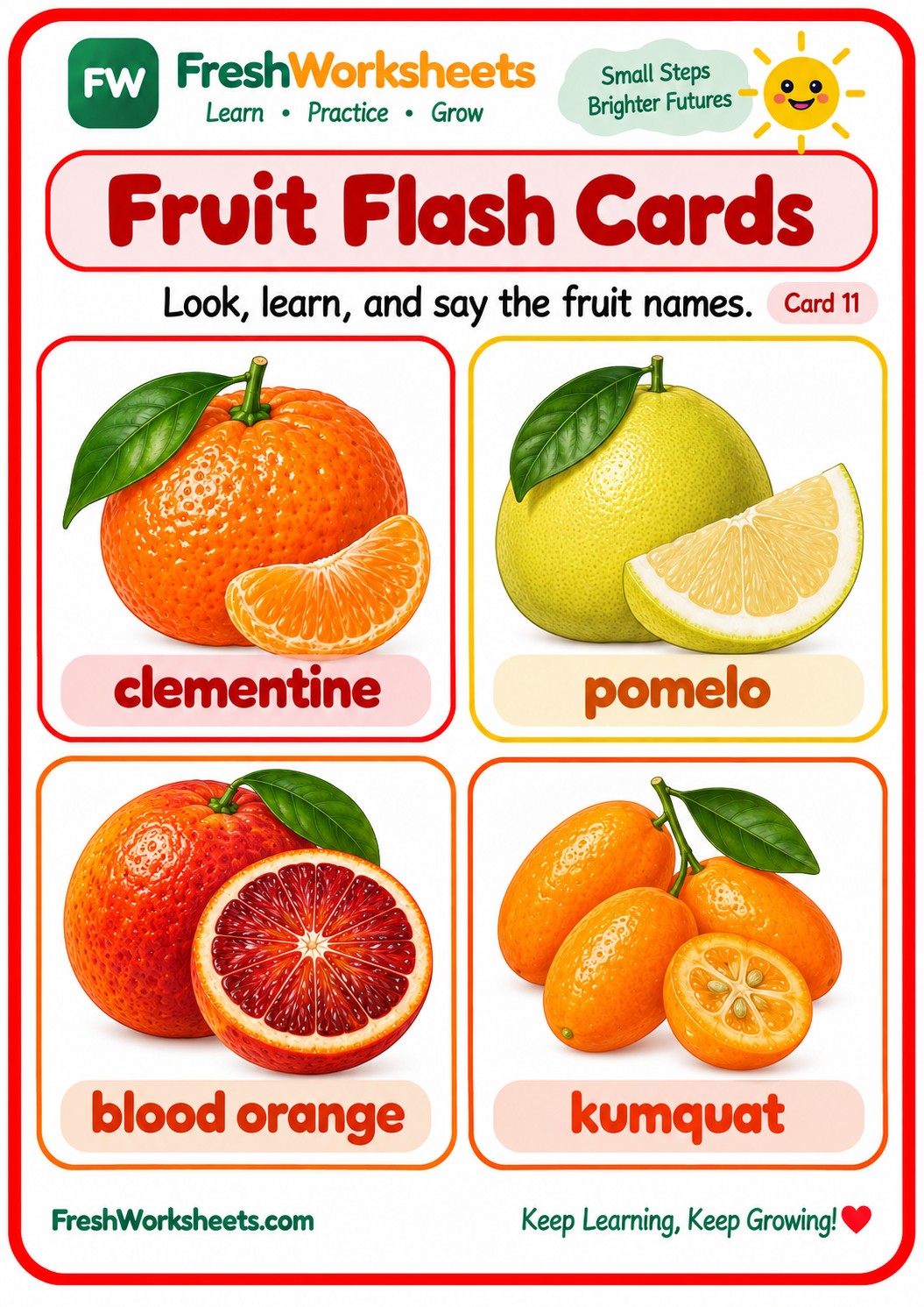 Free printable Fruit Flash Cards Set 4 worksheet PDF for kids