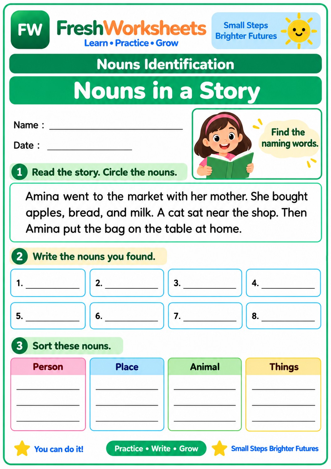 Free printable Nouns in a Story worksheet PDF for kids