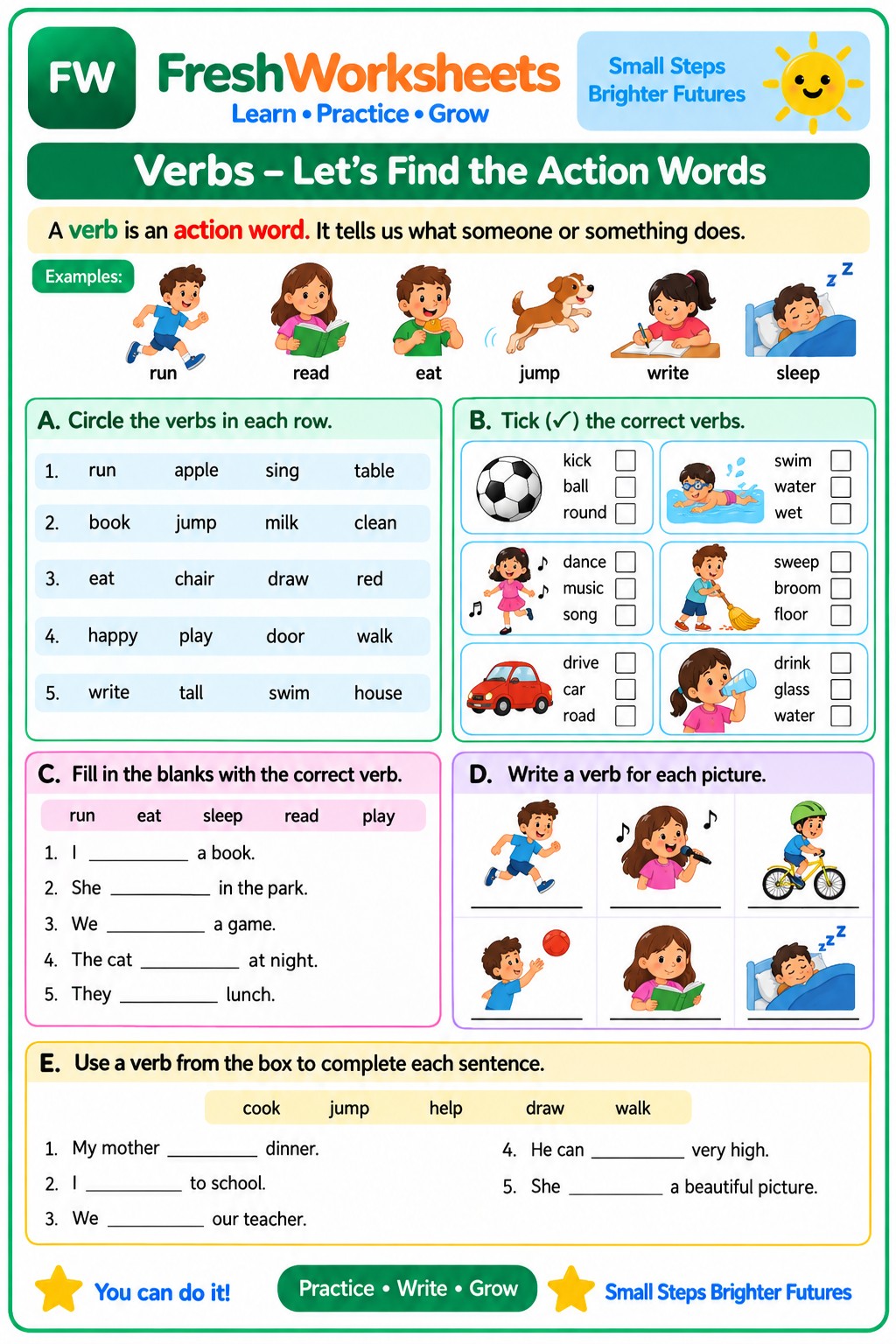 Free printable Verbs – Action Words worksheet PDF for kids