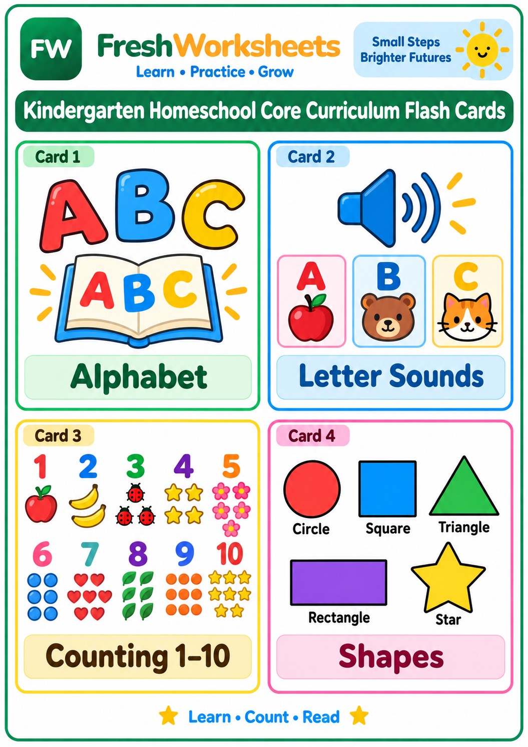 Free printable Alphabet, Counting & Shapes worksheet PDF for kids