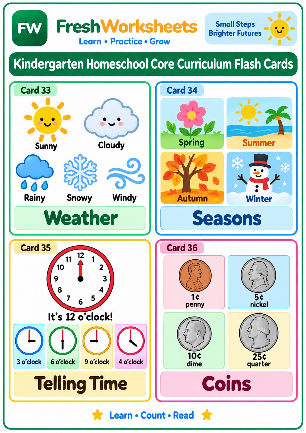 Free printable Weather, Seasons, Time & Coins worksheet PDF for kids