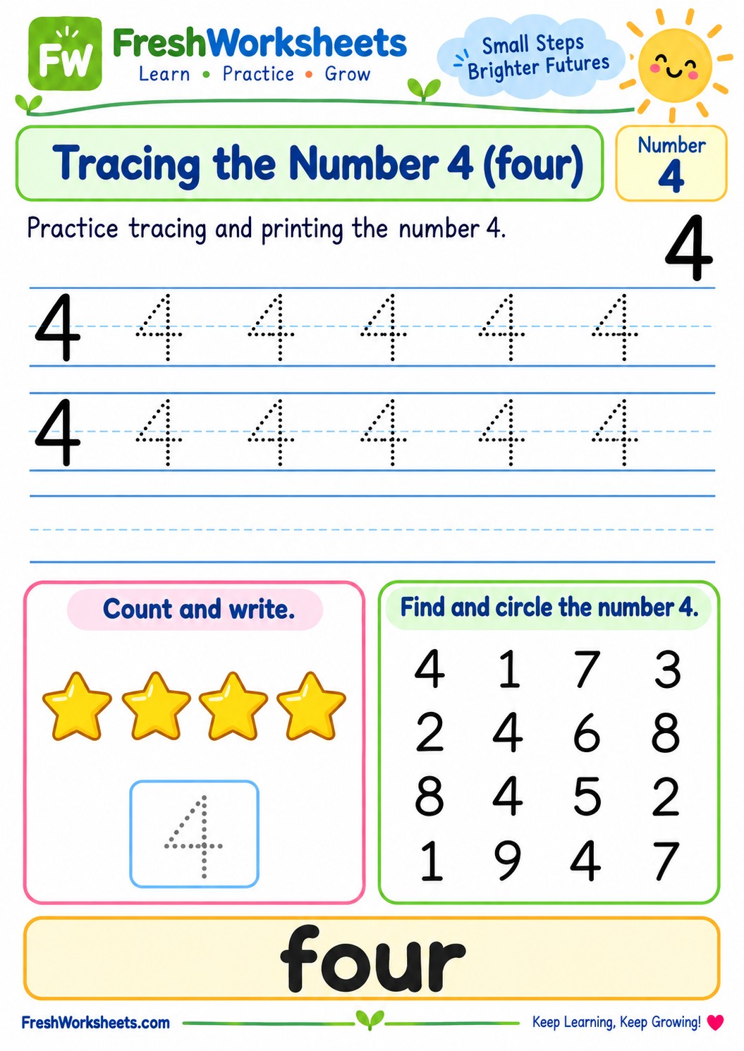 Free printable Tracing the Number 4 worksheet PDF for kids
