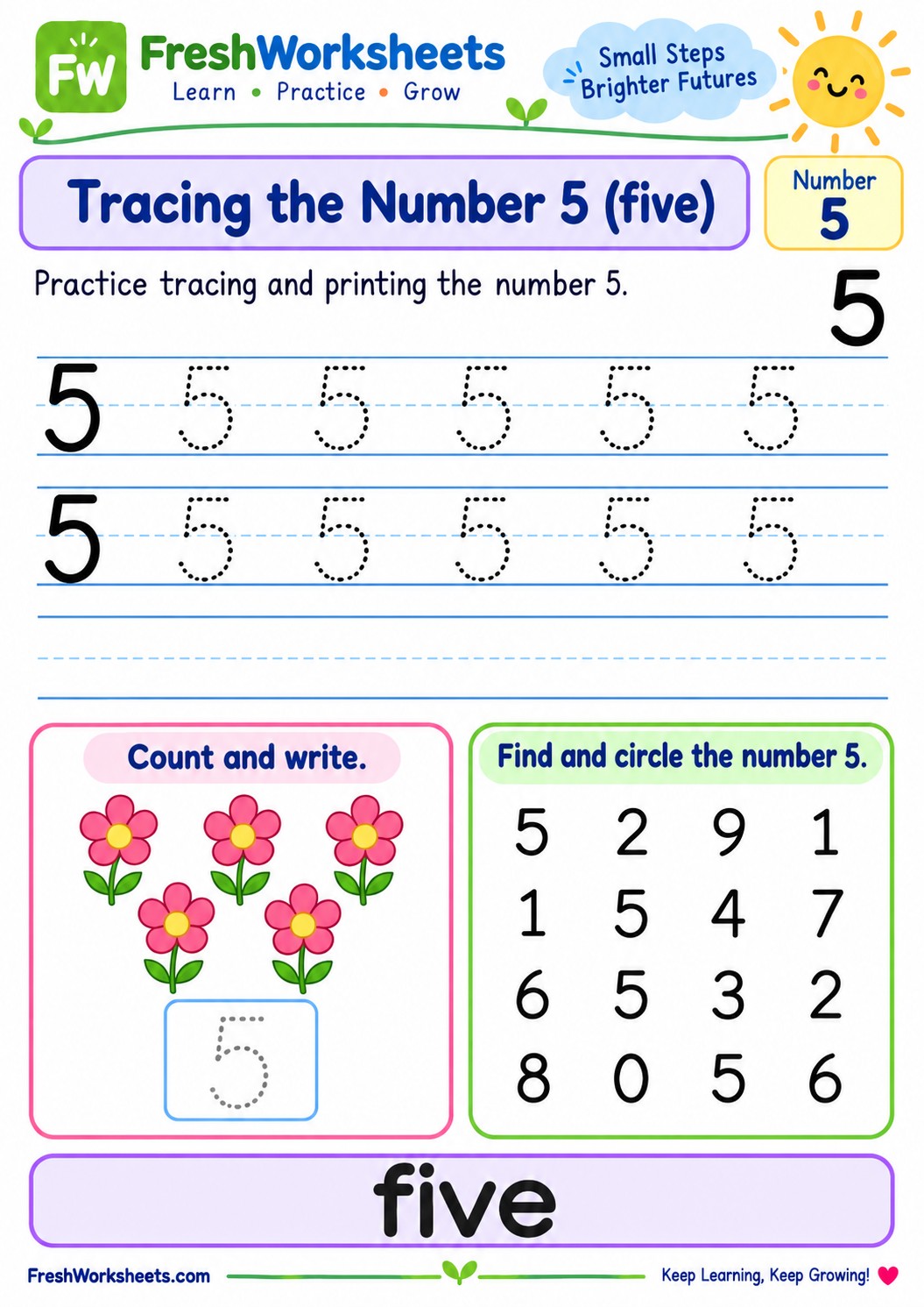 Free printable Tracing the Number 5 worksheet PDF for kids
