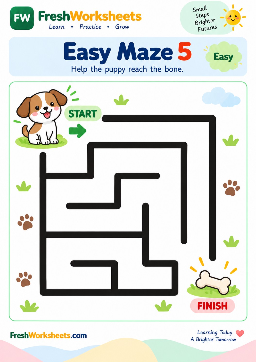 Free printable Easy Maze 5 worksheet PDF for kids — Puppy → Bone