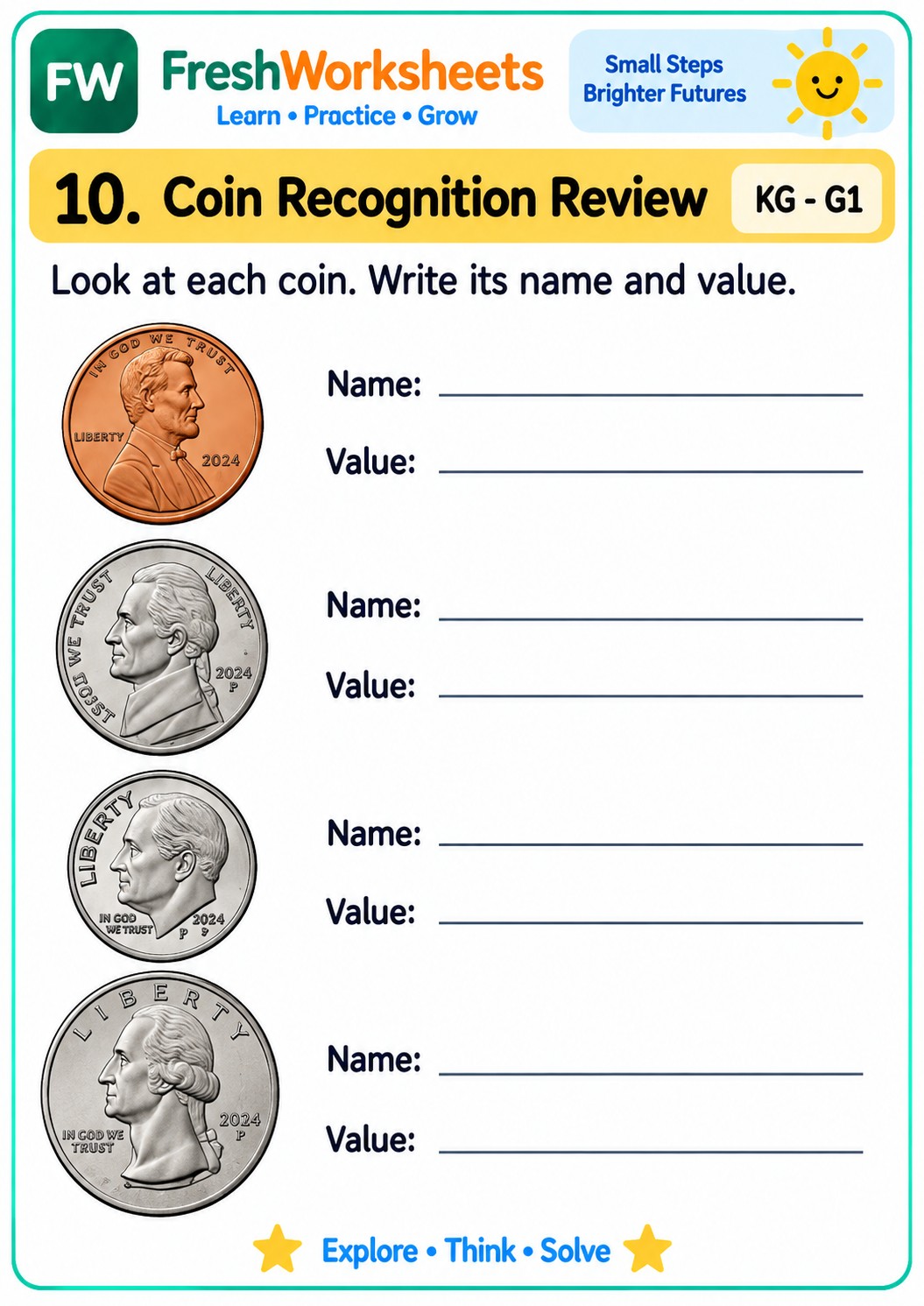 Free printable Coin Recognition Review worksheet PDF for kids
