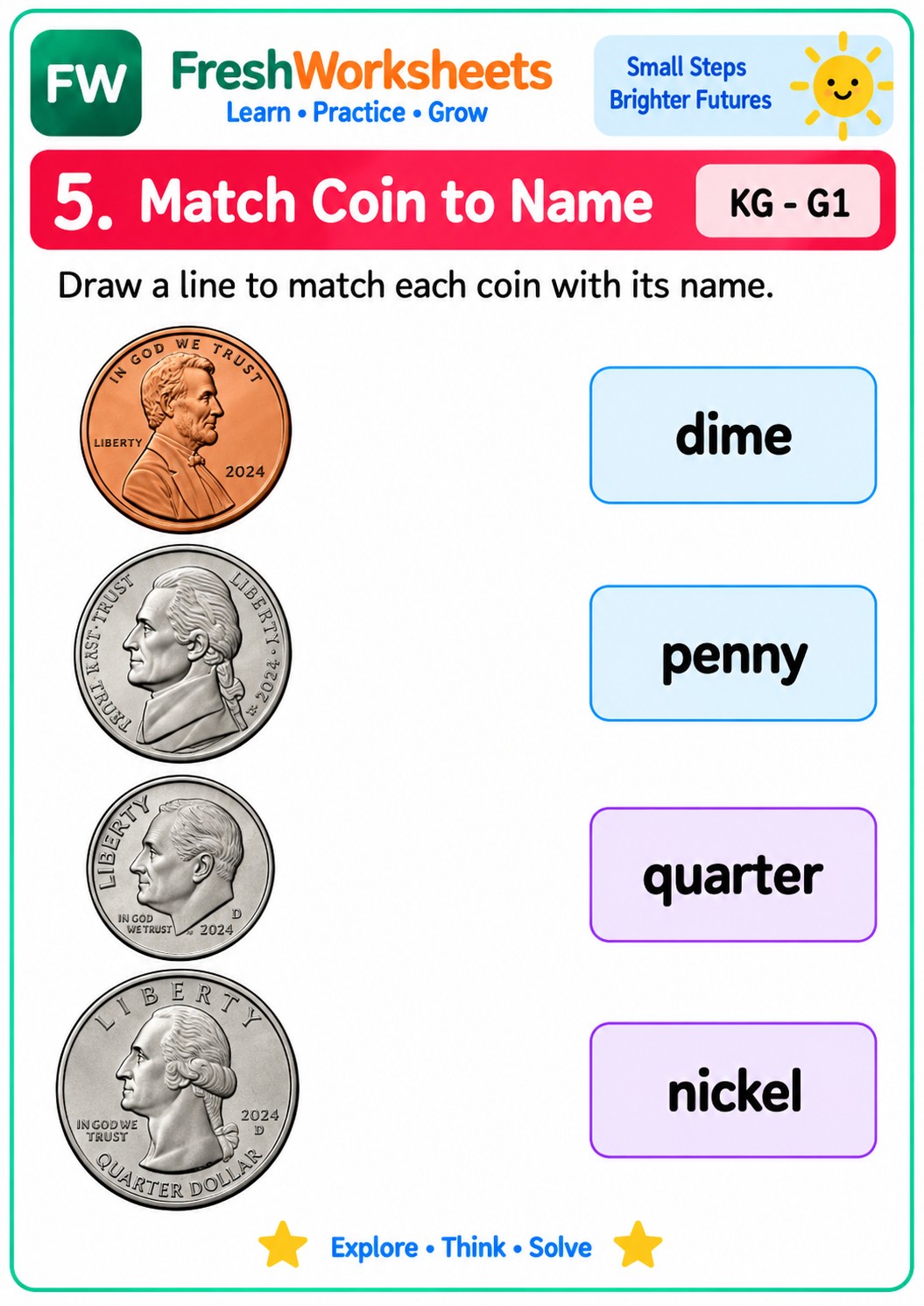 Free printable Match Coin to Name worksheet PDF for kids