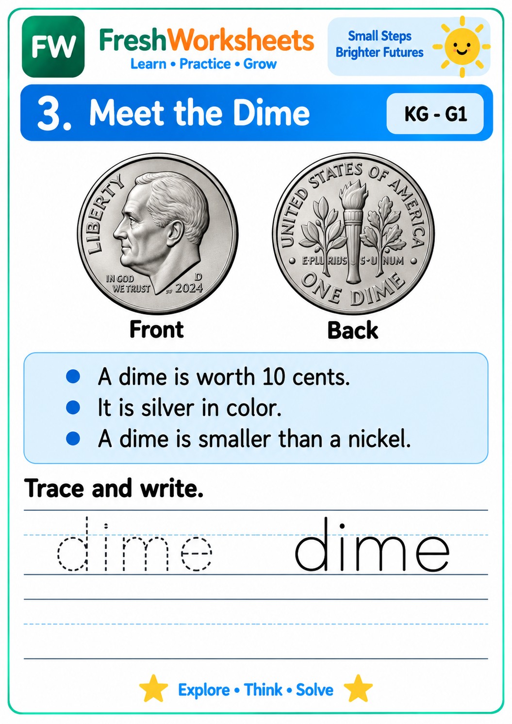 Free printable Meet the Dime worksheet PDF for kids