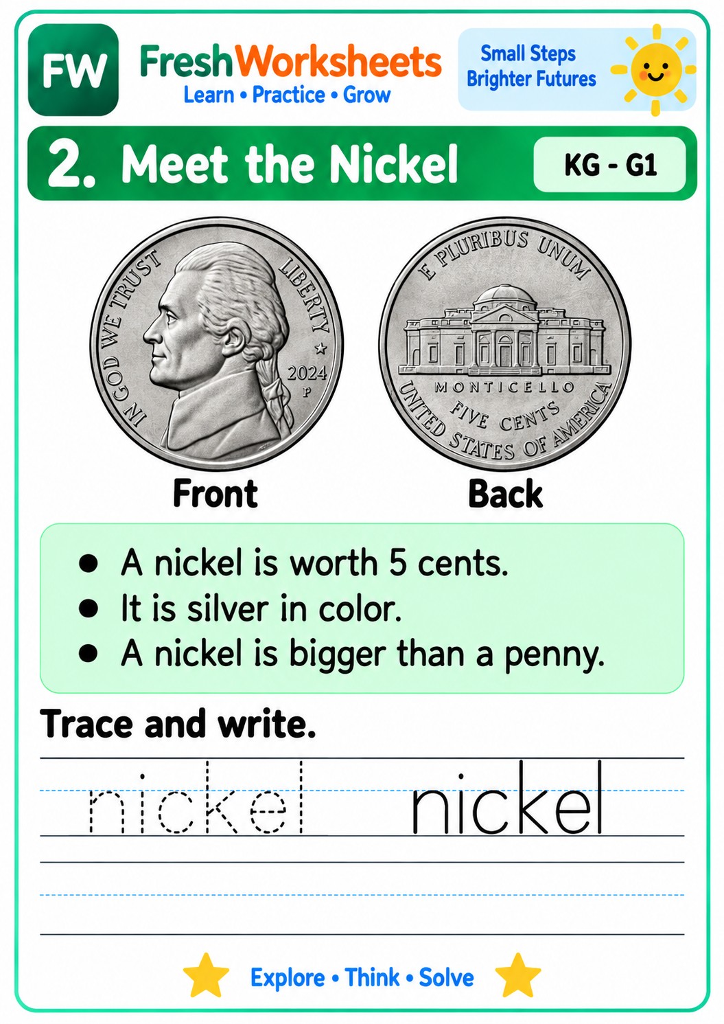 Free printable Meet the Nickel worksheet PDF for kids