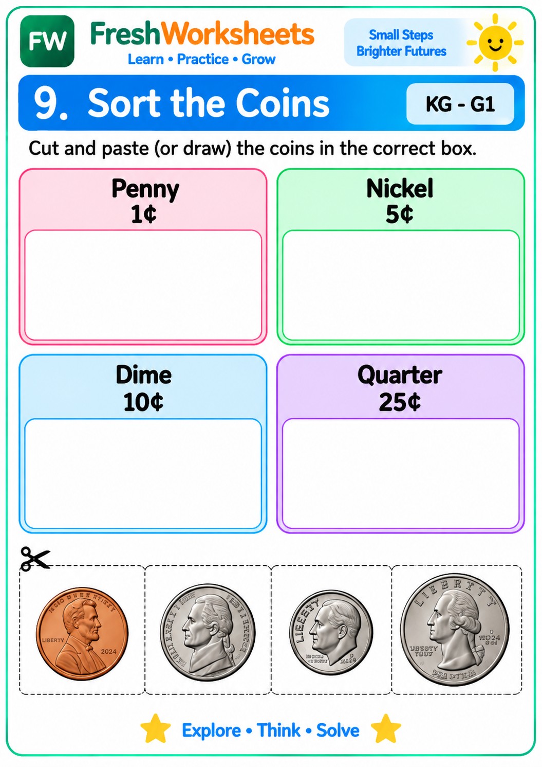 Free printable Sort the Coins worksheet PDF for kids