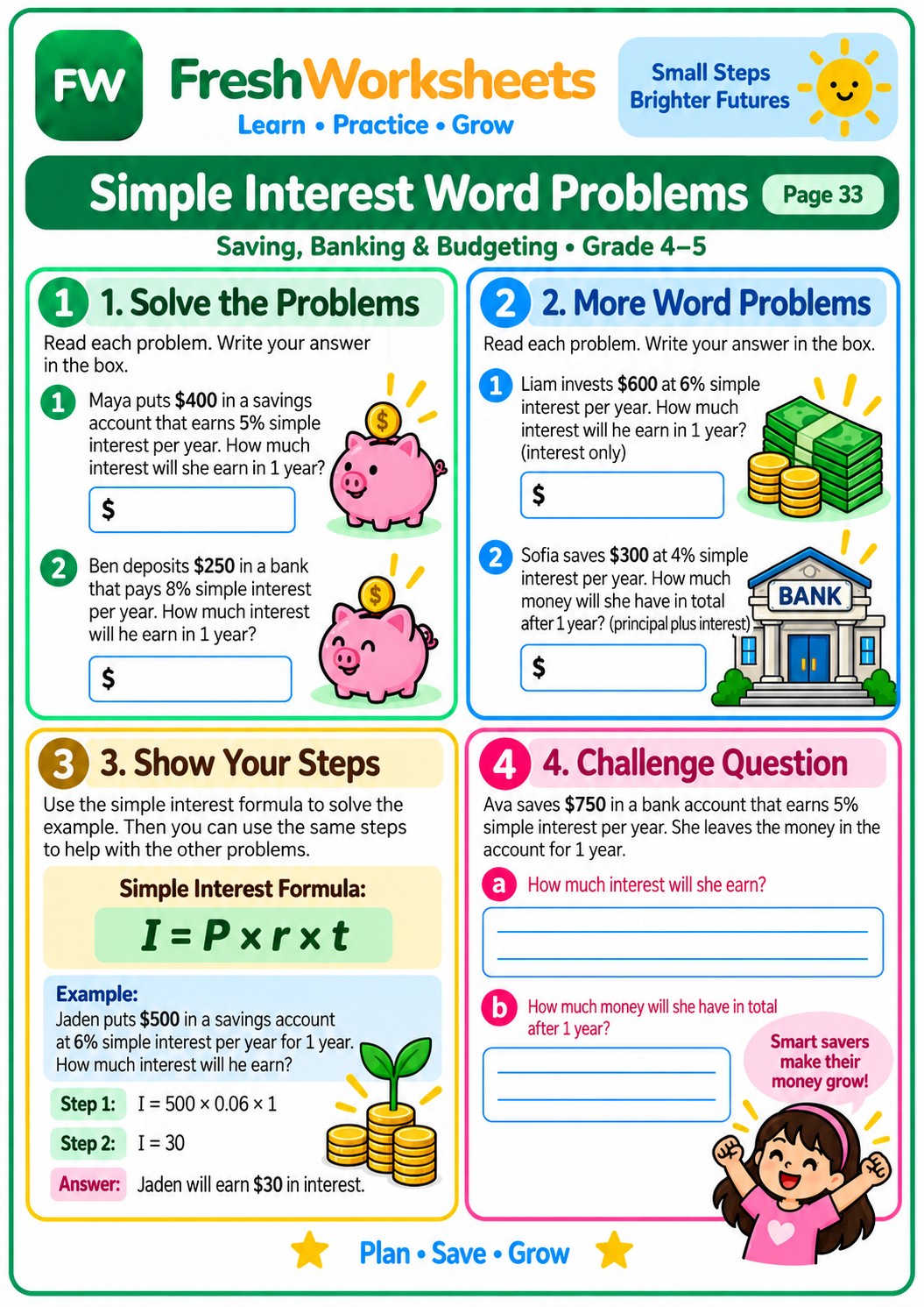 Free printable Simple Interest Word Problems worksheet PDF for kids