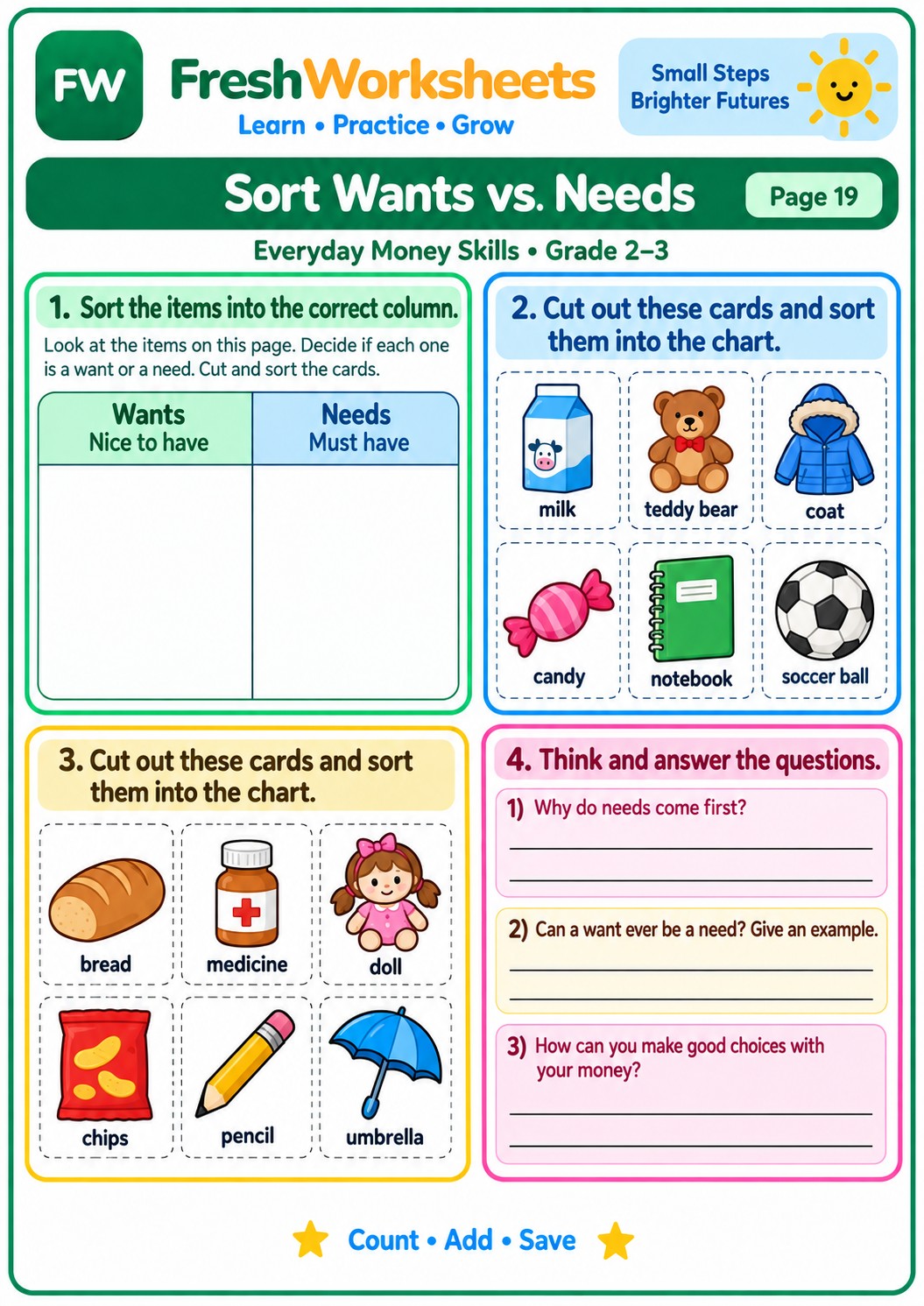 Free printable Sort Wants vs. Needs worksheet PDF for kids