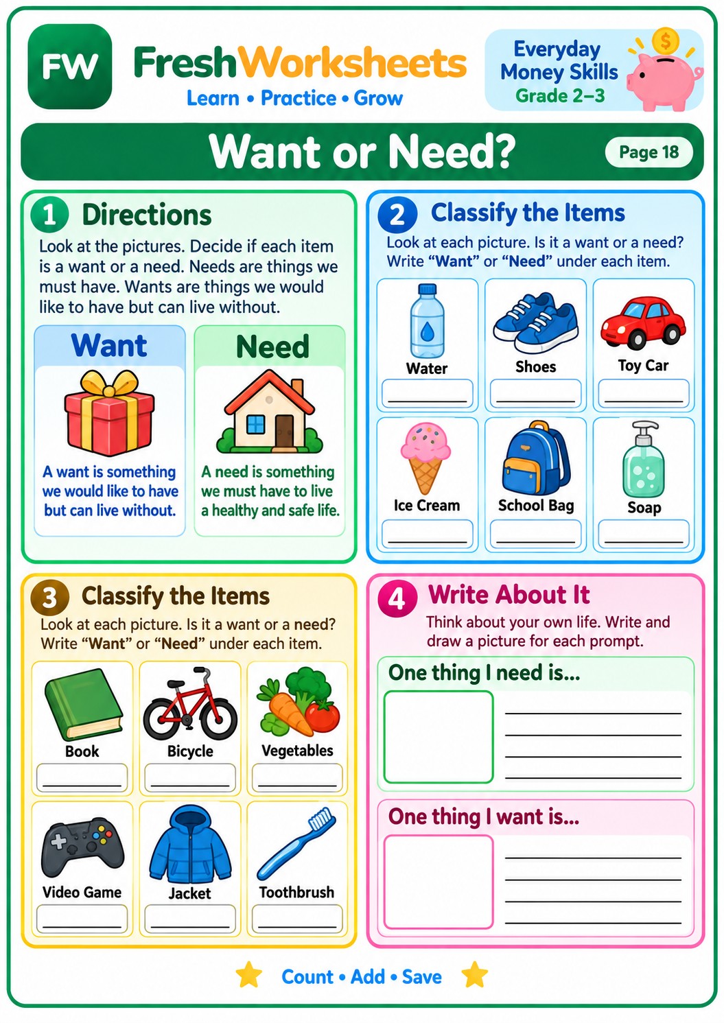 Free printable Want or Need? worksheet PDF for kids — Grade 2–3