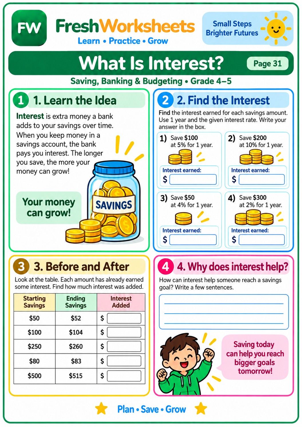 Free printable What Is Interest? worksheet PDF for kids