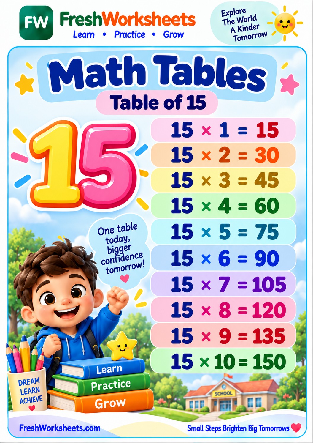 Free printable 15 Times Table worksheet PDF for kids — 15 × 1 to 15 × 10
