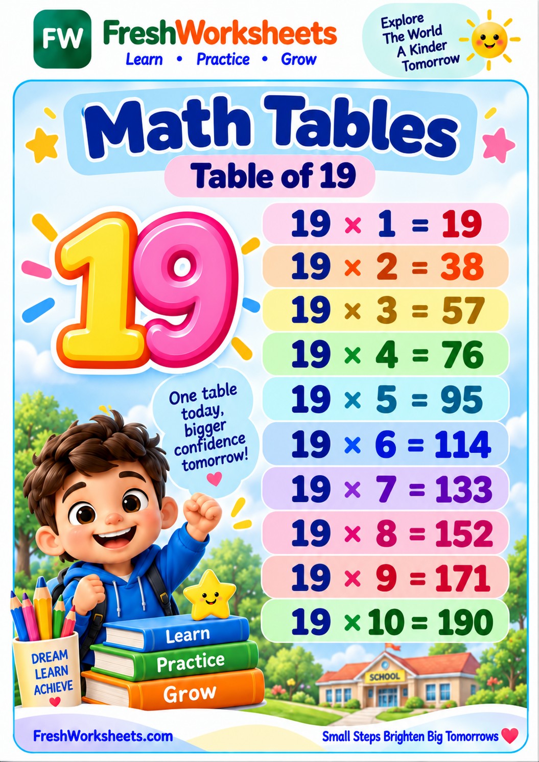 Free printable 19 Times Table worksheet PDF for kids