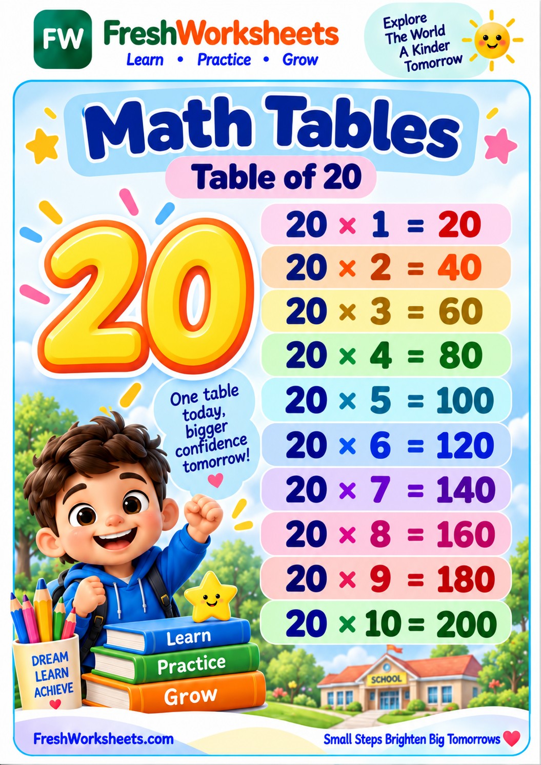 Free printable 20 Times Table worksheet PDF for kids