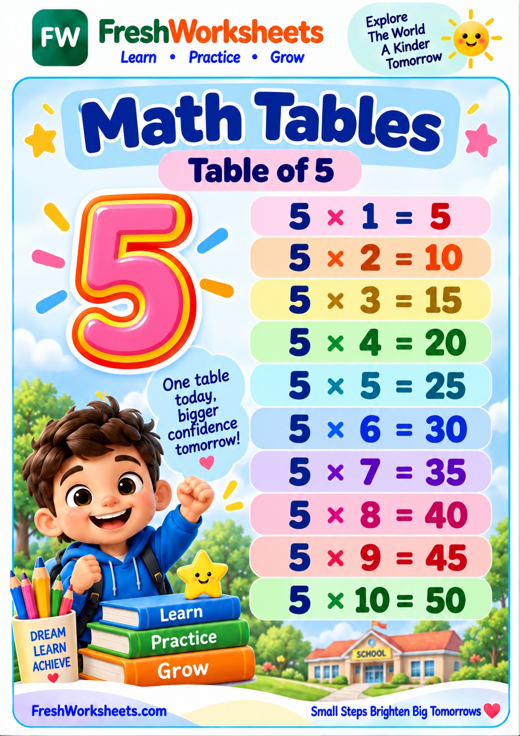 Free printable 5 Times Table worksheet PDF for kids