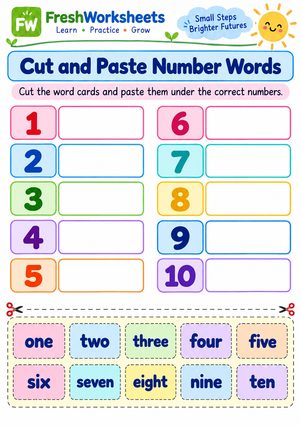 Free printable Cut and Paste Number Words worksheet PDF for kids