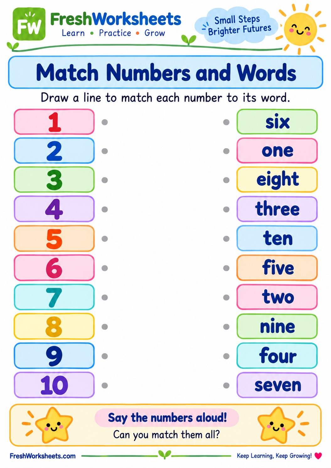Free printable Match Numbers and Words worksheet PDF for kids