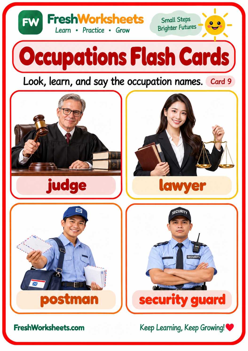 Free printable Occupations Flash Cards Set 6 worksheet PDF for kids