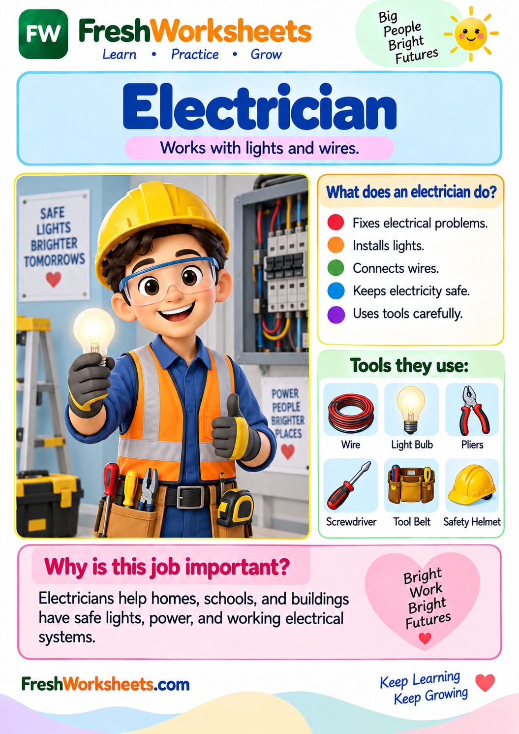 Free printable Electrician worksheet PDF for kids