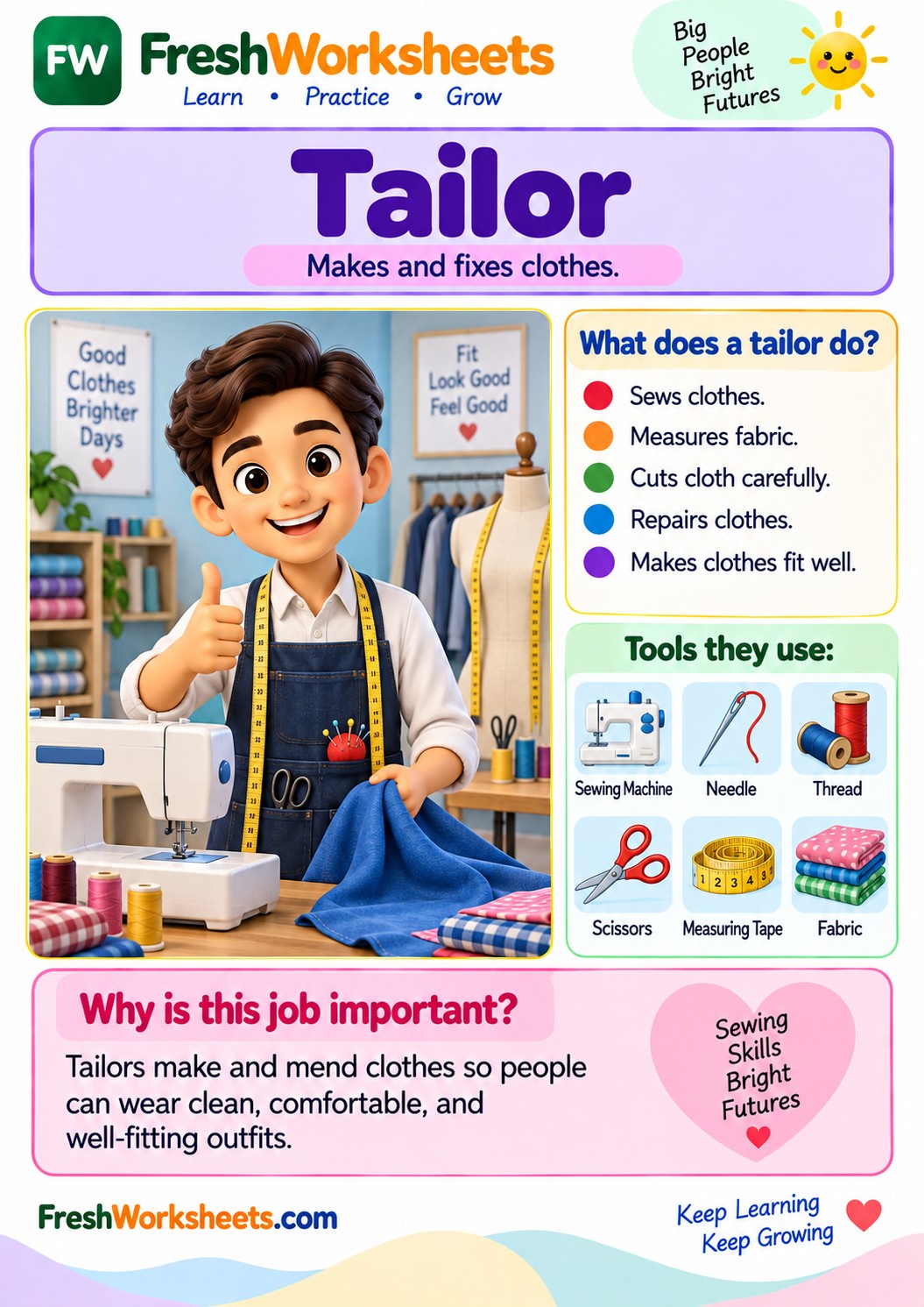 Free printable Tailor worksheet PDF for kids