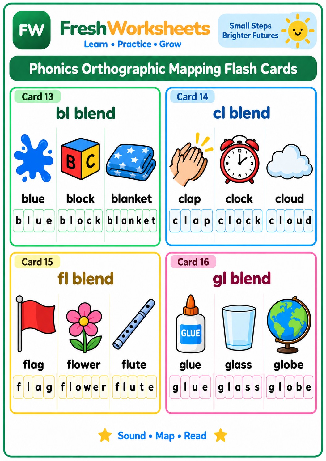 Free printable Beginning Blends: bl, cl, fl, gl worksheet PDF for kids