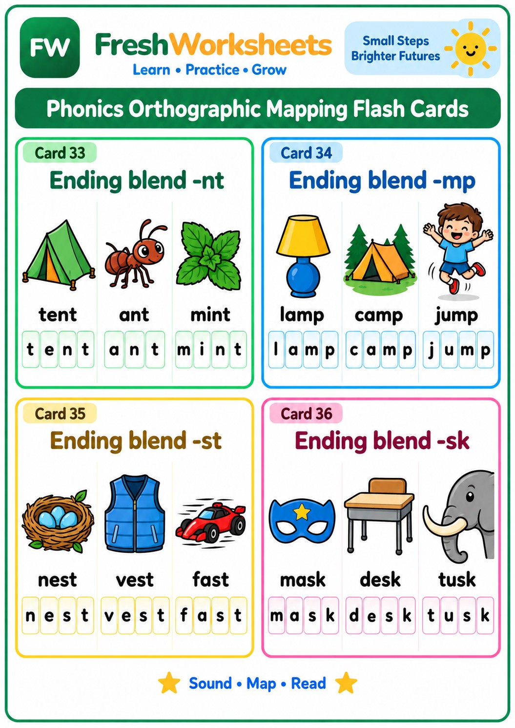 Free printable Ending Blends: -nt, -mp, -st, -sk worksheet PDF for kids