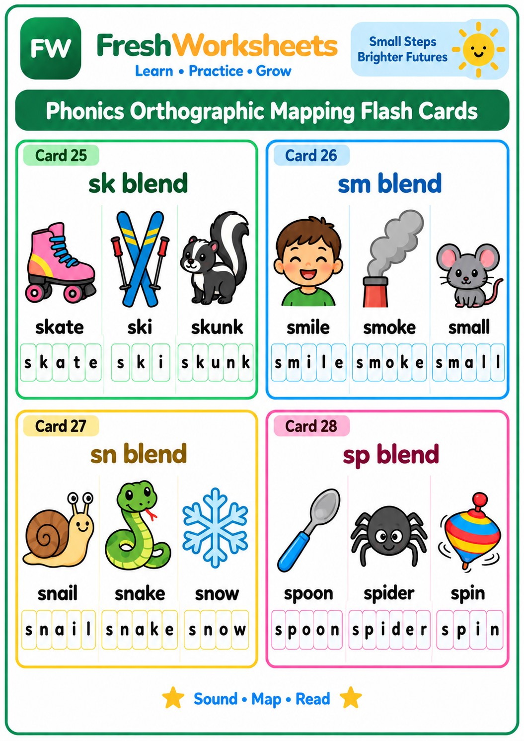 Free printable S-Blends: sk, sm, sn, sp worksheet PDF for kids
